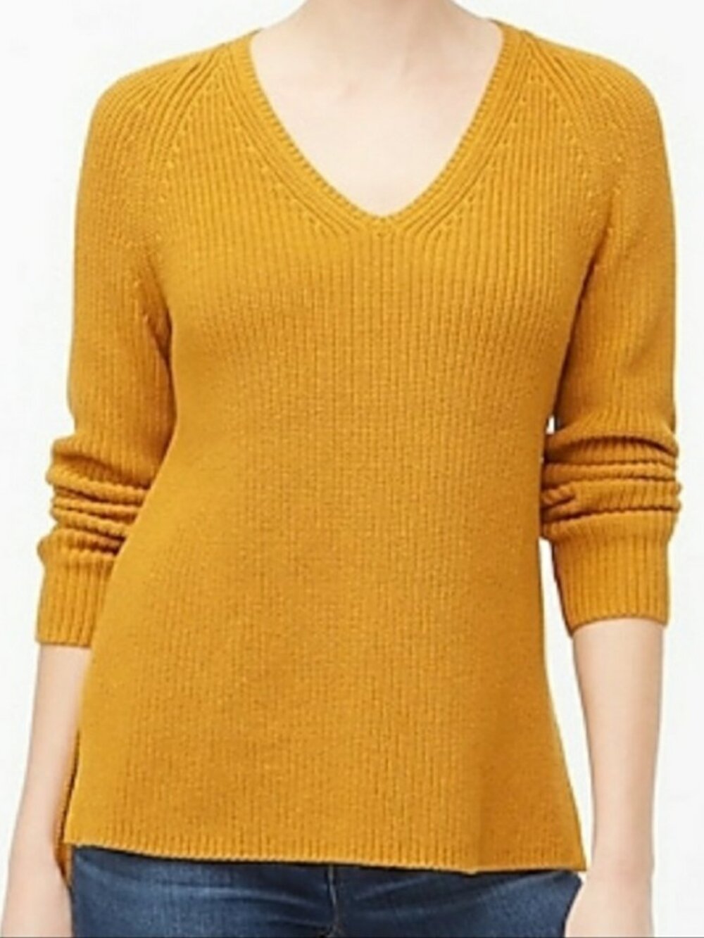 J. Crew Chunky Mustard Yellow Cotton V-neck Tunic Sweater Ribbed Size XS
